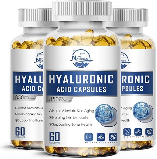 Nature's live - Suplemento de Ácido Hialurônico 850mg, Cápsulas de Ácido Hialurônico Dietético de Alta Bioacessibilidade, Hidratação Dupla para a Pele, Lubrificação das Articulações, 60 Cápsulas (Pacote com 3)