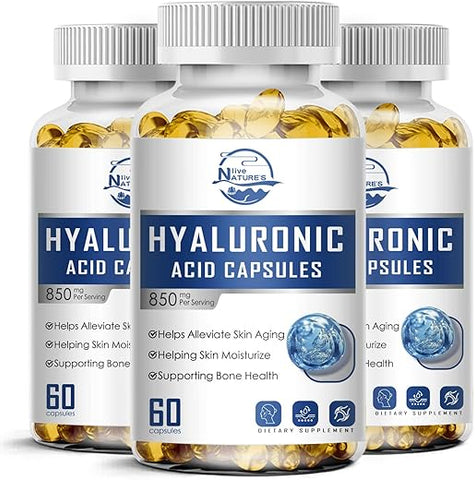 Nature's live - Suplemento de Ácido Hialurônico 850mg, Cápsulas de Ácido Hialurônico Dietético de Alta Bioacessibilidade, Hidratação Dupla para a Pele, Lubrificação das Articulações, 60 Cápsulas (Pacote com 3)