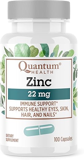 Suplemento de Zinco Gluconato 22mg para Impulso Diário à Imunidade, Energia, Olhos Saudáveis, Cabelo e Pele - Quantum Health