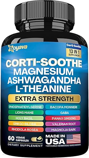 Corti-Soothe: Suplemento de Magnésio Glicinato 200mg L-Teanina 150mg Ashwagandha 150mg Fosfatidilserina Gerenciador de Cortisol Cogumelo do Leão Ginkgo Biloba Bacopa Monnieri - Zoyava