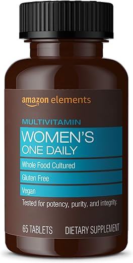 Multivitamínico Diário para Mulheres, 59%% Cultivado com Alimentos Integrais, Vegano, 65 Comprimidos, Suprimento de 2 meses (Embalagem pode variar) - Amazon Elements