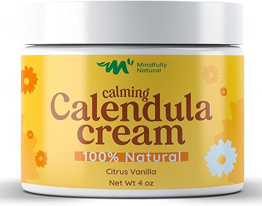 Mindfully Natural - Creme de Calêndula com Aloe Vera Orgânica – Creme de Calêndula para Rosto e Corpo – Loção Infantil Pós-Sol para Alívio de Queimaduras Solares e Condições Leves da Pele (Leve…)