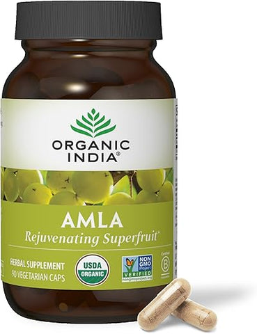ORGANIC INDIA - Suplemento Vitamínico Herbal Organic India Amalaki – Suporte Imunológico, Vitamina C, Vegano, Sem Glúten, Kosher, Ayurvédico, Antioxidante, Orgânico Certificado pelo USDA, Não-OGM – 90 Cápsulas
