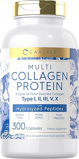 Multi Colágeno Cápsulas 2000mg | 300 Unidades | Tipo I, II, III, V, X | Pílulas de Peptídeo de Colágeno | Keto | Marca Carlyle - Carlyle