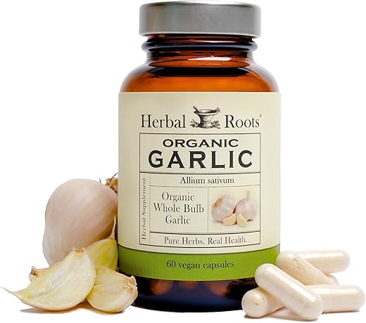 Pílulas de Alho Orgânico de Bulbo Inteiro Herbal Roots – Potente Força Extra | 600 mg – 60 Cápsulas Veganas Orgânicas