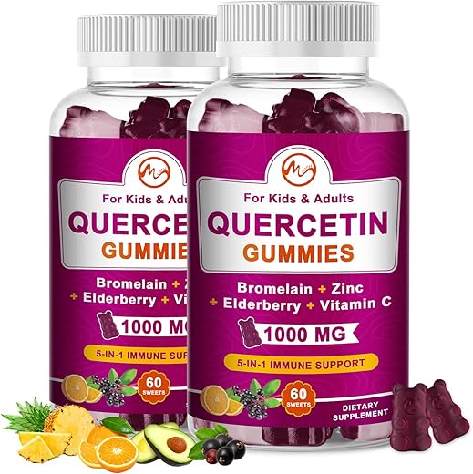 M inch - (2 Pacotes) Gomas de Quercetina com Bromelina, Sabugueiro, Zinco e Vitamina C – Quercetina Mastigável 1000 mg para Imunidade, Cardiovascular, Alergia, Suporte ao Envelhecimento – Vegano