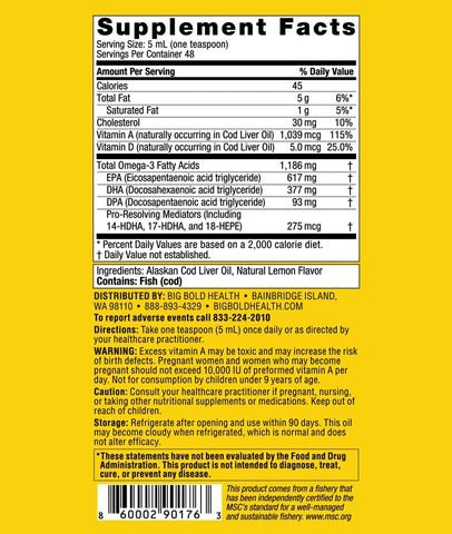 BIG BOLD HEALTH - Dutch Harbor Omega™ | Óleo de Peixe Líquido Ômega 3 | 240 ml, 50 Porções, Sabor Natural de Limão | Óleo de Fígado de Bacalhau Selvagem do Alasca | Inclui Ácidos Graxos Ômega-3