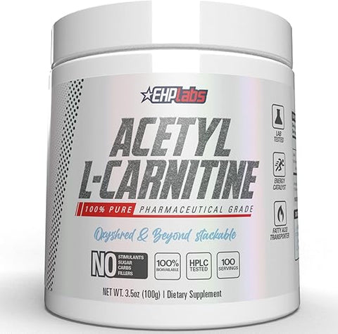 Acetyl L Carnitine em Pó – Energia Natural, Função Cerebral Saudável, Saúde do Coração – Vegano, Sem Glúten, Não Transgênico – 100 Porções - EHP Labs