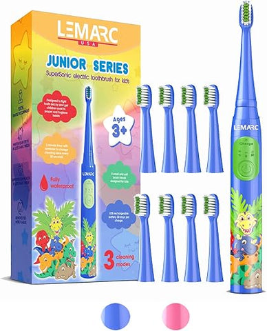 LEMARC USA - Escova de dentes elétrica SuperSonic Kids com 8 cabeças de escova DuPont, recarregável via USB, controle de velocidade de vibração e modo de massagem, temporizador de 2 minutos, à prova d’água, para crianças a partir de 3 anos
