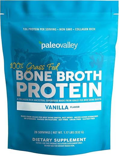Proteína em Pó de Caldo de Osso 100%% Alimentado com Grama – Baunilha – Rico em Colágeno para Cabelo, Pele, Saúde Intestinal, Suporte Ósseo e Articular – 28 Porções - Paleovalley