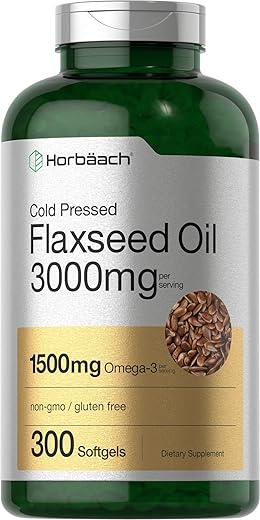 Óleo de Linhaça Cápsulas Softgel 3000mg | 300 Unidades | Alta Potência | com Ômega 3 6 9 | Livre de Transgênicos, Sem Glúten | Linhaça Prensada a Frio - Horbäach