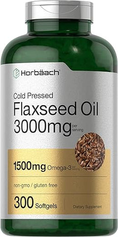Óleo de Linhaça Cápsulas Softgel 3000mg | 300 Unidades | Alta Potência | com Ômega 3 6 9 | Livre de Transgênicos, Sem Glúten | Linhaça Prensada a Frio - Horbäach