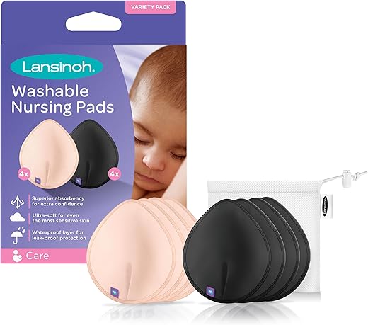 Almofadas de Amamentação Reutilizáveis, Essenciais para Mães que Amamentam, 8 Almofadas Absorventes com Bolsa de Lavagem em Rede, Almofadas Rosa e Preta - Lansinoh