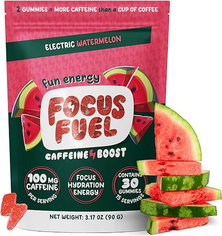FocusFuel - Energy Focus Gummy: Goma Energética com 100mg de Cafeína por 2 Gomas, Contém B12, Magnésio, Eletrólitos, Ingredientes Naturais para Levar a Qualquer Lugar, Sem Nervosismo ou Queda (Sabor Melancia – 30…)