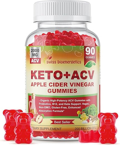 swiss bioenergetics - Gummies de Vinagre de Maçã Keto 90 CT – Keto ACV Gummy Diet Supplement – Orgânico 2000mg ACV Gummies com Probióticos, B12 e Suporte Keto para Mulheres e Homens – Sem Gelatina, Vegano