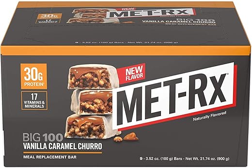 MET-Rx - Met-Rx Big 100 Barra de Proteína, Sabor Baunilha Caramelo Churro, 9 Unidades