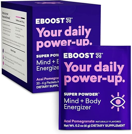 Super Energy Powder Drink Mix – Suplemento de Eletrólitos Não-OGM Carregado com Vitaminas (Açaí Romã), 5g (20 Sachês) - EBOOST