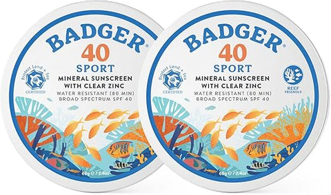 Protetor Solar Badger Coral Reef Safe, FPS 40 Óxido de Zinco, Amplo Espectro, Resistente à Água, Tamanho Viagem, Cuidados com a Pele ao Sol, Sem Fragrância, 2.4 oz (2 Unidades)