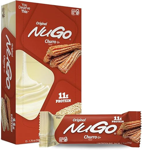 Barra de Proteína NuGo, Sabor Churro, 11g de Proteína, Sem Glúten, 15 Unidades