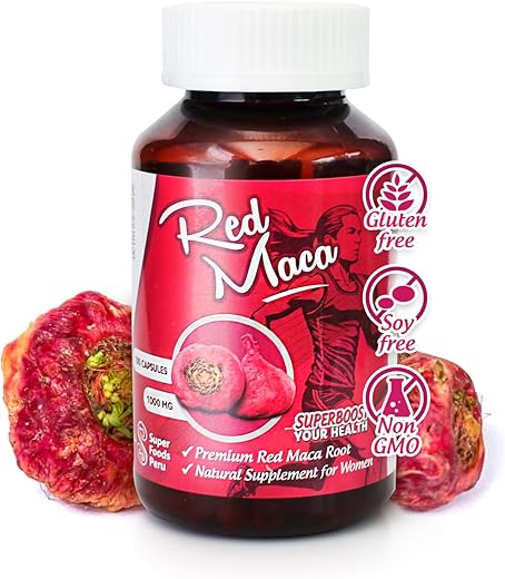 Red Maca Cápsulas para Mulheres l 3000mg por Dia Suplemento de Saúde Feminina l Estimulante de Energia e Regulador Hormonal l 100%% Orgânico e Natural de Raiz de Maca l (100 Unidades) - Sikyriah