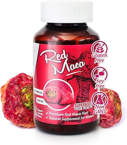 Red Maca Cápsulas para Mulheres l 3000mg por Dia Suplemento de Saúde Feminina l Estimulante de Energia e Regulador Hormonal l 100%% Orgânico e Natural de Raiz de Maca l (100 Unidades) - Sikyriah