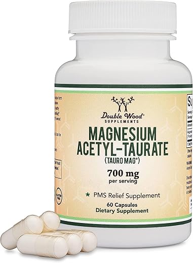 Double Wood Supplements - Magnésio Acetil-Taurato (ATA MG, TauroMag) Fórmula Inovadora e Patenteada de Magnésio para Alívio de TPM e Cãibras (60 Cápsulas, 350mg) Alívio de TPM com Suplemento de Magnésio da Double Wood