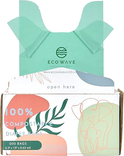 Eco Wave - Bolsas Descartáveis para Fraldas de Bebê Biodegradáveis, 100% Compostáveis, 200 unidades, Certificadas ASTM D6400, EN 13432, US BPI e Europe OK Compost Home