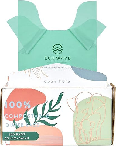 Eco Wave - Bolsas Descartáveis para Fraldas de Bebê Biodegradáveis, 100% Compostáveis, 200 unidades, Certificadas ASTM D6400, EN 13432, US BPI e Europe OK Compost Home