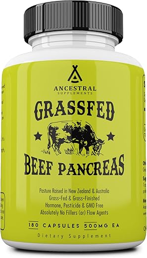Suplemento de Pâncreas de Gado Alimentado com Capim da Ancestral Supplements, 500mg, Suporte Pancreático com Enzimas Digestivas Proteolíticas para Auxílio na Digestão, Incluindo Tripsina, Não Transgênico, 180 cápsulas