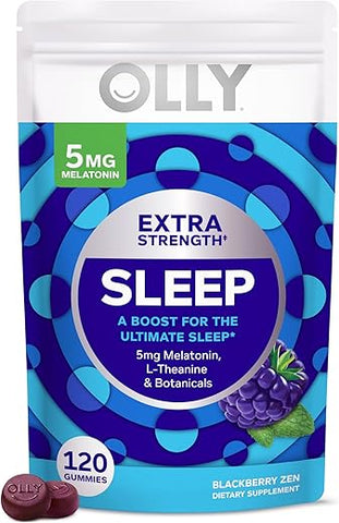 Extra Strength Sleep Gummy – Suporte Ocasional para Dormir, 5 mg Melatonina, L-Teanina, Extratos de Camomila e Melissa, Auxílio para Dormir, Sabor Amora – 120 Unidades - OLLY