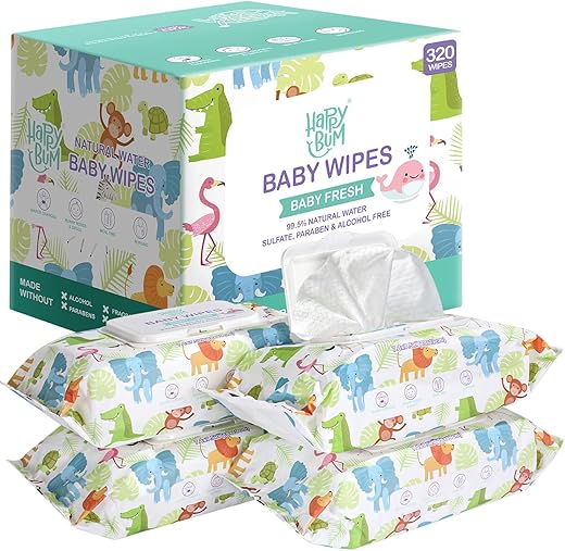 Lenços Umedecidos para Bebês Sensíveis à Água, Sem Perfume, 4 Pacotes com Tampa Flip (320 Lenços no Total) - HAPPY BUM