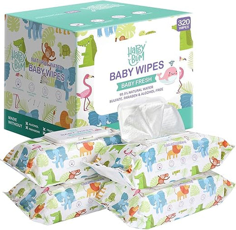 Lenços Umedecidos para Bebês Sensíveis à Água, Sem Perfume, 4 Pacotes com Tampa Flip (320 Lenços no Total) - HAPPY BUM