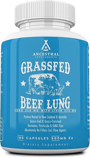 Suplemento de Pulmão e Fígado de Gado Alimentado com Capim, 500mg, Suporte para Saúde Pulmonar, Respiratória, Vascular e Circulatória, Não-OGM, 180 cápsulas - Ancestral Supplements