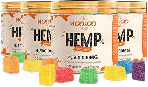 HOOLOO - Hemp Gummies Extra Forte para Adultos – 6 Sabores Frutados Infundidos com Vitaminas, Ômega 3 – Goma de Mascar Mastigável para Noites de Sono Profundo, Concentração, Relaxamento – Pacote com 4 – Fabricado nos EUA