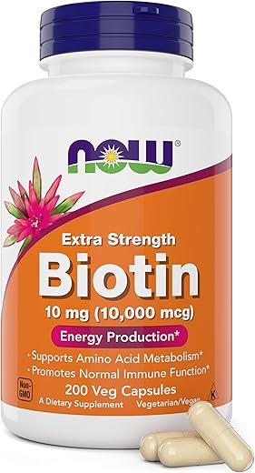 Biotina Extra Forte 10000mcg / 10 mg – 200 Comprimidos – Cabelo, Pele, Unhas – Vitamina B7 – Vegetariano, Vegano, Não-OGM - NOW Foods