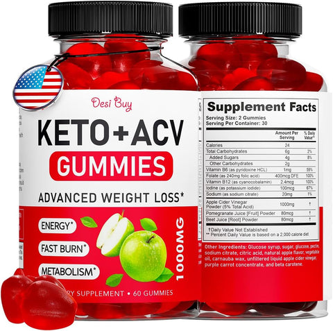 Desi Buy - Keto ACV Gummies Advanced: Suplemento Keto de Maçã com Vinagre de Maçã, Sem Glúten, Sabor de Maçã para Homens