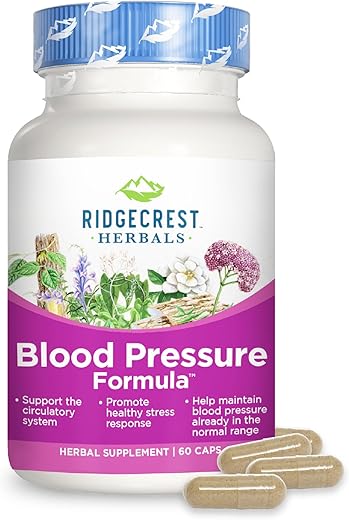 RidgeCrest Herbals - Fórmula Herbal Ridgecrest Herbals para Pressão Arterial, 12 Ervas, Cogumelo Poria, Gastrodia, Gardenia, para Saúde do Coração, Vascular e Circulação (60 Unidades)