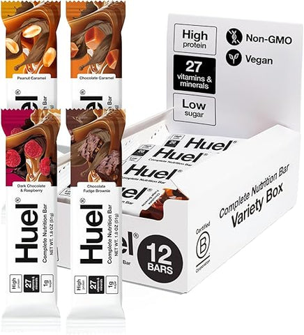 Barras de Proteína Vegana | Caixa com Variedade | 13g Proteína, 27 Vitaminas e Minerais, 2g Açúcar, Não-OGM, Lanche 100% Vegetal | 12 Unidades - Huel