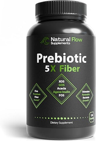 Natural Flow Supplements - Fibra Prebiótica 5 em 1 Cápsulas – Natural Flow 5X Fibra XOS, GOS, FOS, Acácia e Inulina de Agave, Fórmula Diária de Fibra Solúvel para Suporte Intestinal e Estímulo de Bactérias Benéficas