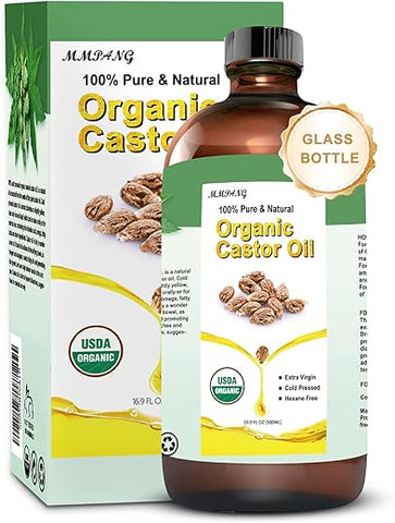 MMPANG - Óleo de Rícino Orgânico Certificado pelo USDA 500 ML Frasco de Vidro 100% Puro Extraído a Frio Livre de Hexano para Hidratar Pele, Cabelo e Estimular o Crescimento de Sobrancelhas