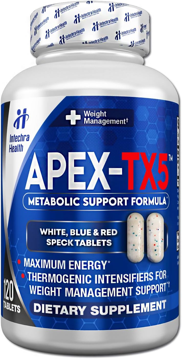APEX-TX5 - Suplemento para Gerenciamento de Peso 120 Comprimidos Brancos Azuis Vermelhos com Pontos Fabricados nos EUA Alta Qualidade Profissional