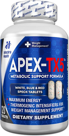 APEX-TX5 - Suplemento para Gerenciamento de Peso 120 Comprimidos Brancos Azuis Vermelhos com Pontos Fabricados nos EUA Alta Qualidade Profissional