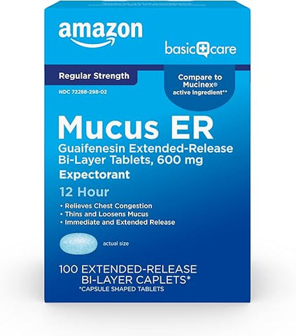 Guaifenesin Alívio da Tosse e Muco Comprimidos de Liberação Prolongada, 600 mg, 12 Horas Expectorante Caplet 100 Unidades - Amazon Basic Care