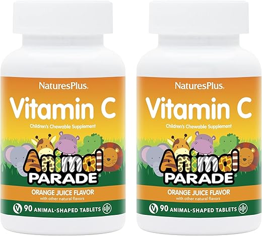 Natures Plus - NaturesPlus Animal Parade Vitamina C Infantil Mastigável – Sabor Natural de Suco de Laranja – 90 Comprimidos em Formato de Animais, Pacote com 2 – Vegano, Vegetariano, Sem Glúten – 90 Porções no Total