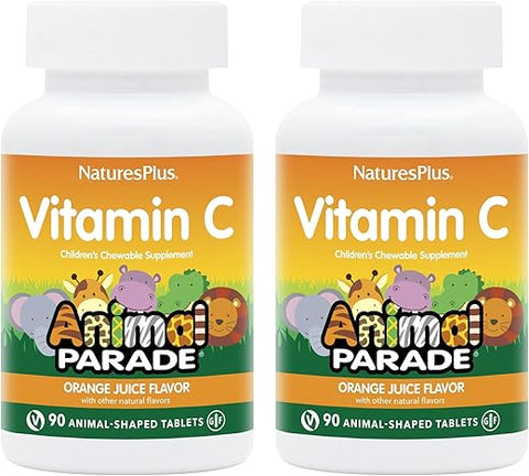Natures Plus - NaturesPlus Animal Parade Vitamina C Infantil Mastigável – Sabor Natural de Suco de Laranja – 90 Comprimidos em Formato de Animais, Pacote com 2 – Vegano, Vegetariano, Sem Glúten – 90 Porções no Total