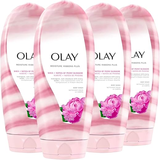 Body Wash Moisture Ribbons Plus Shea Notas de Peônia, 532 ml (Pack com 4 unidades) - Olay