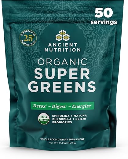 Super Greens em Pó, Superfood Orgânico com Probióticos à base de Spirulina, Chlorella, Matcha e Enzimas Digestivas, 50 Porções, 400g - Ancient Nutrition