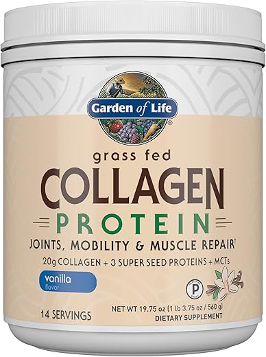 Colágeno em Pó de Proteína de Colágeno Alimentado com Grama – Baunilha, 14 Porções, Pó de Colágeno para Mobilidade das Articulações e Reparo Muscular, Peptídeos de Colágeno, Sementes Super e MCTs de Coco - Garden of Life