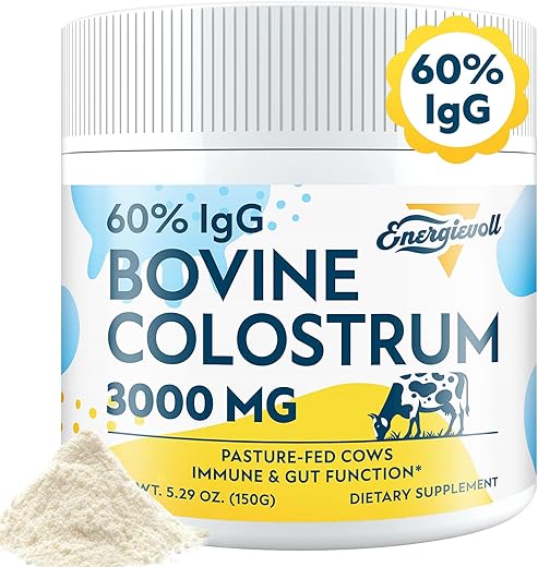 Energievoll - Suplemento em Pó de Colostro Bovino – 60%% IgG 3000 mg para Intestino, Crescimento Capilar, Beleza e Imunidade, Fácil de Misturar, Sem Sabor (50 Porções)