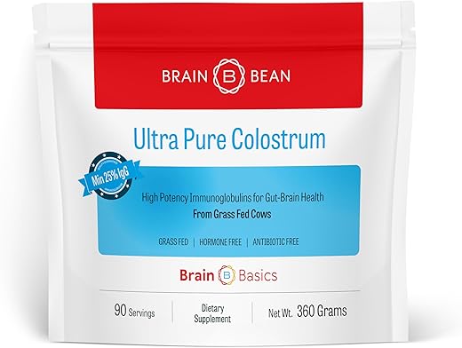 Brain Bean - Colostro Ultra-Puro Brain Basics, 4000mg por Porção, Mín 25%% de Anticorpos IgG, Saúde Intestino-Cérebro-Imunidade, Cabelos e Pele Radiantes. Pó de Colostro de Vacas Alimentadas com Grama. 360 Gramas
